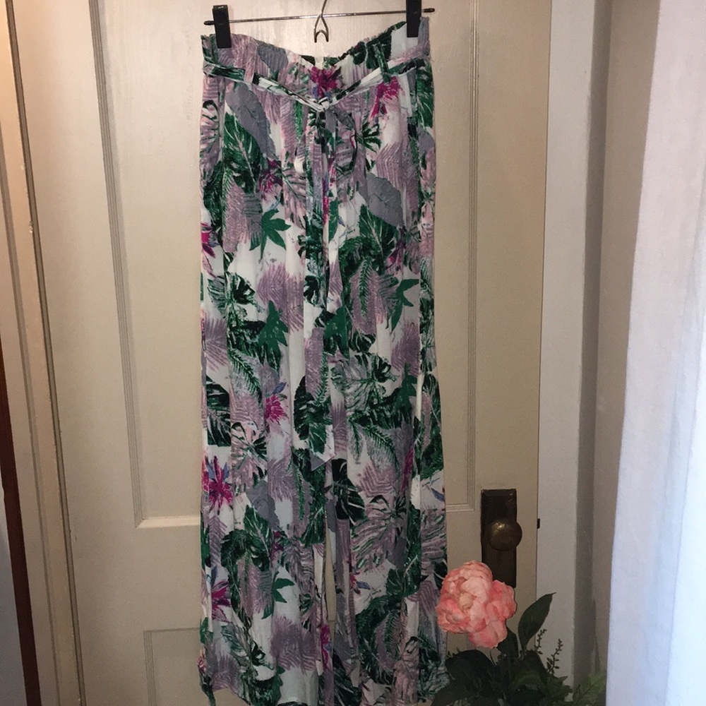 Tropical print wide leg pants